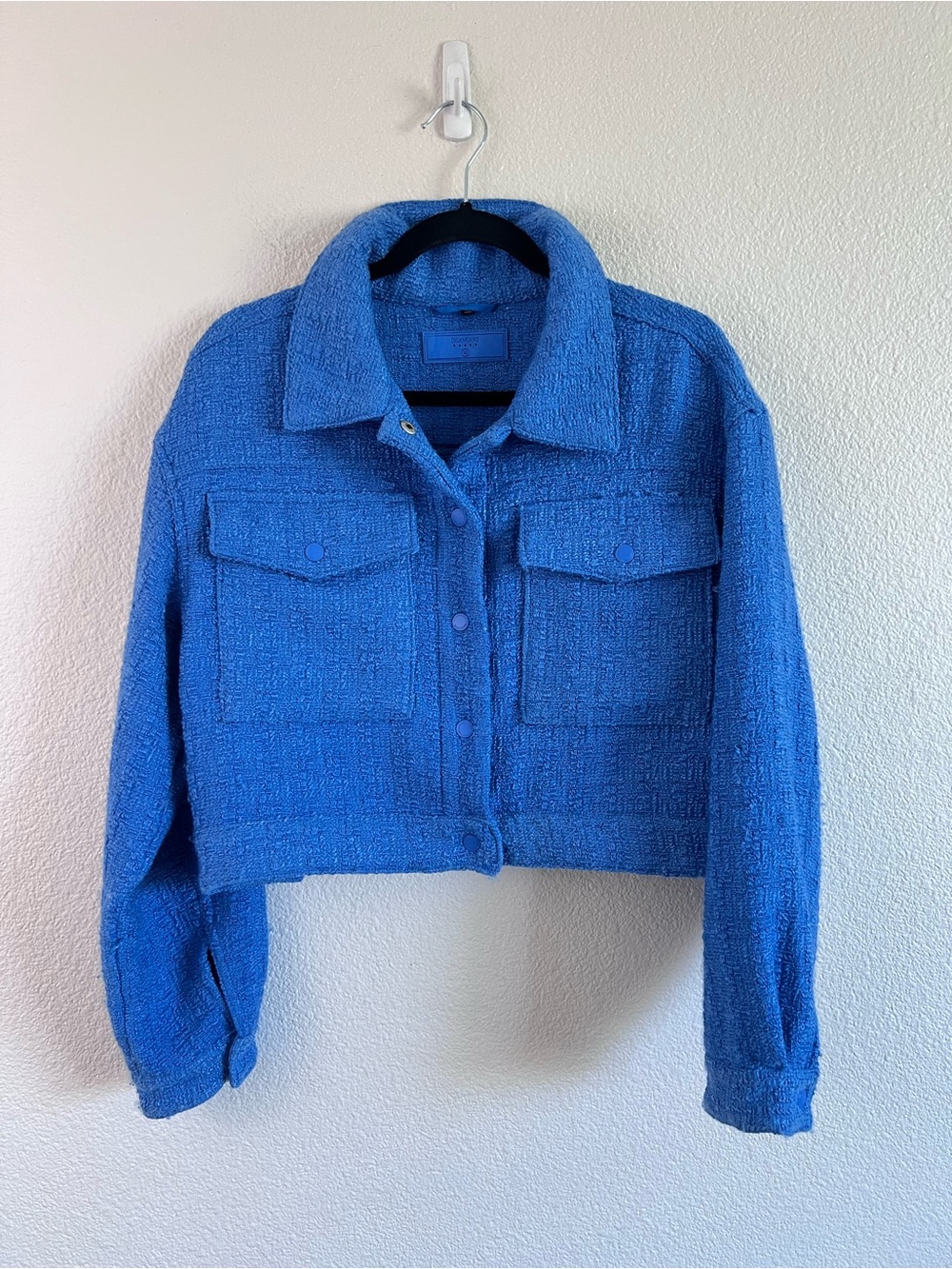 Blank NYC Women's Bright Blue Tweed Moto Boxy Cropped‎ Jacket Pockets